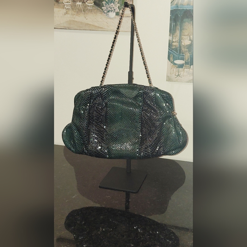 Zagliani Python Snakeskin Green Black Clutch Vgc! - image 2